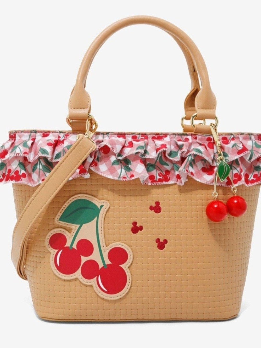 Cherry Accent Tan Tote Bag with Red Details